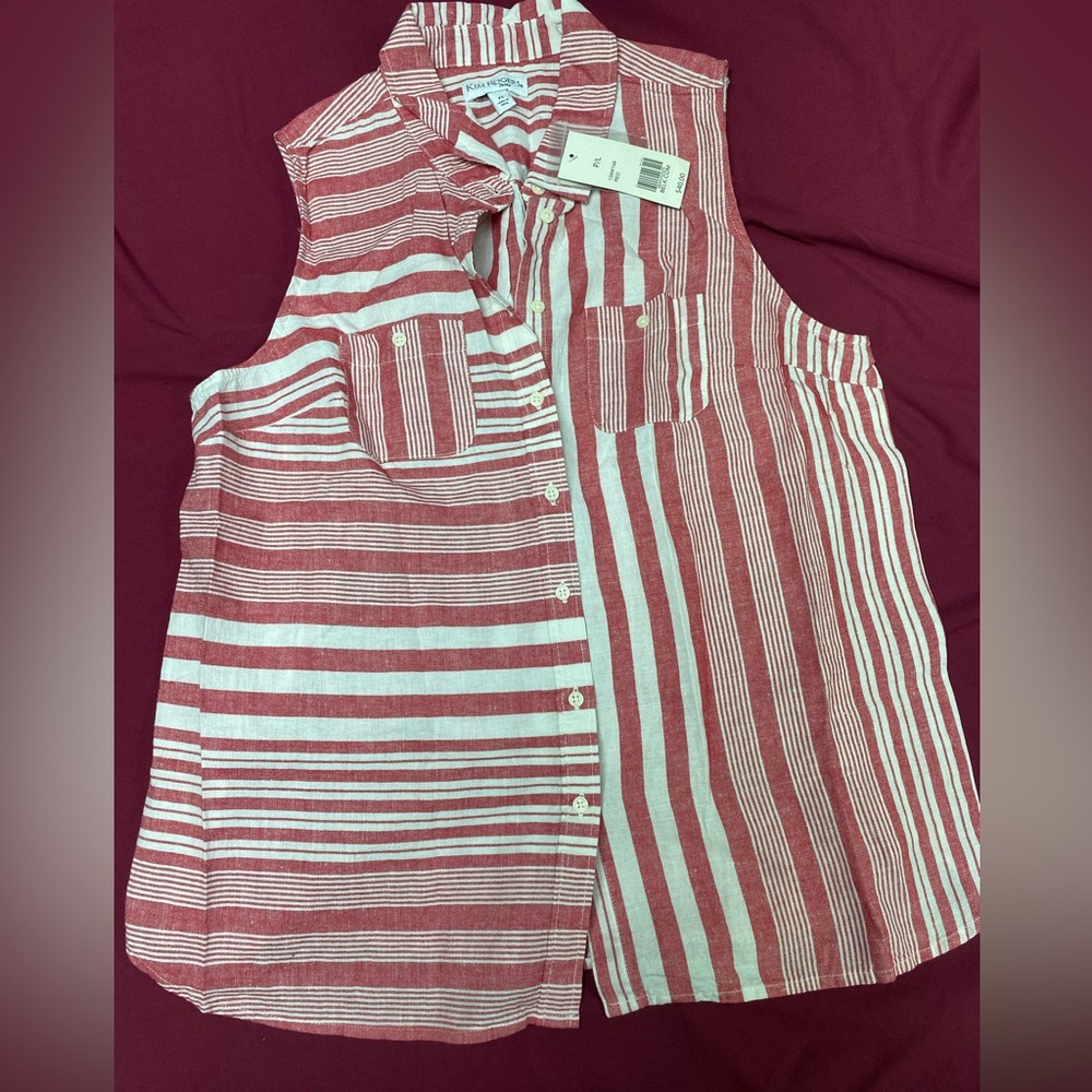 Kim Rogers Red and White Striped Sleeveless Button-Down Shirt